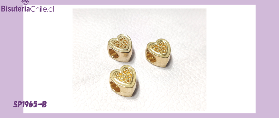 Separador baño de oro en forma de corazón con diseño, para central de pulseras, 9 x 6 mm, agujero de 4 mm, por unidad. San Valentin