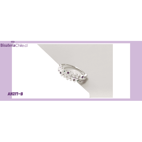 Anillo zirconia multicolor y baño de plata, 19 mm, N°19, por unidad