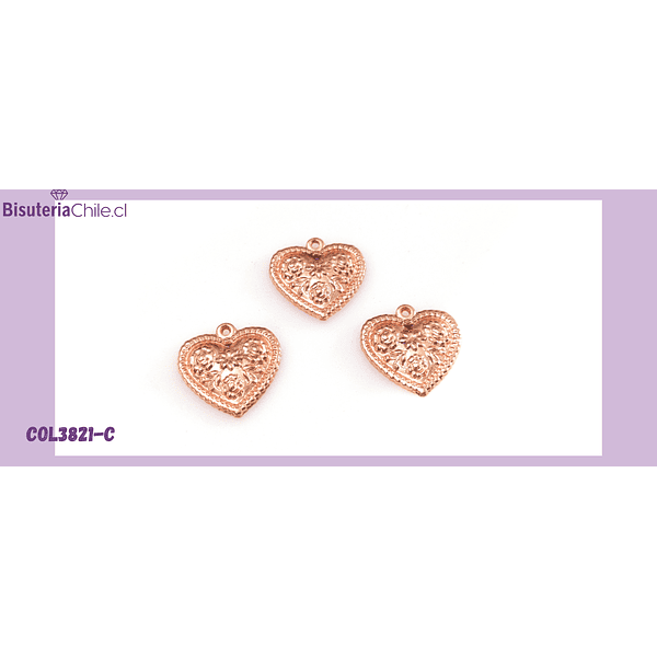 Colgante baño de cobre, corazón con flores, 20 x 20 mm, por unidad