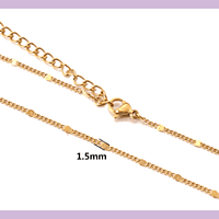 Collar acero dorado con diseño, 1,5 mm de ancho, 45 cm de largo mas extensión de 5 cm, por unidad