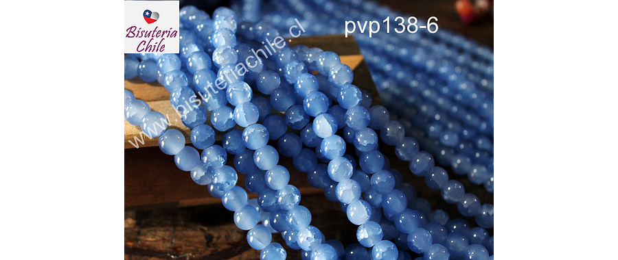 Perla de vidrio en color celeste craquelado, de 8 mm, tira de 100 unidades aprox.