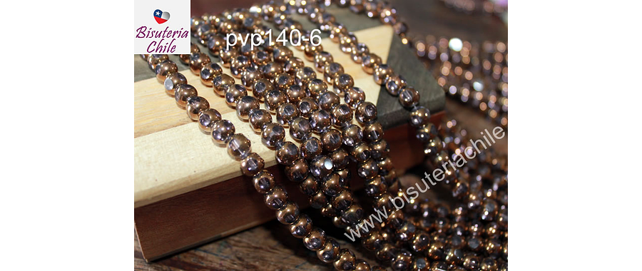 Perla de cobre con aplicaciones de vidrio color rosado , 6 mm de diámetro, tira de 52 perlas aprox.