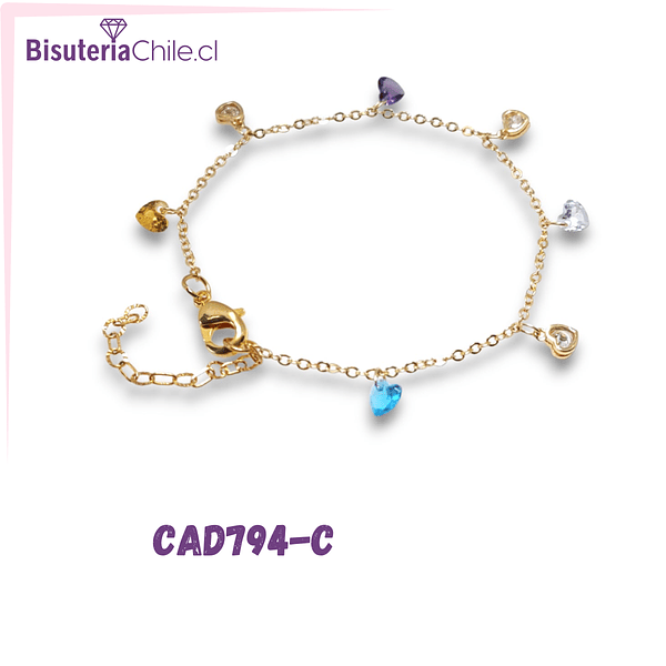 Pulsera baño de oro 18 k, con corazones colgantes de cristales multicolor, 16 cm, más alargue de 4 cm, por unidad