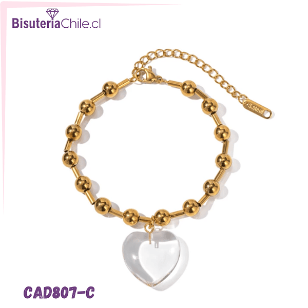 Pulsera acero baño de oro y aplicación de corazón, 16 cm de largo más alargue de 5 cm