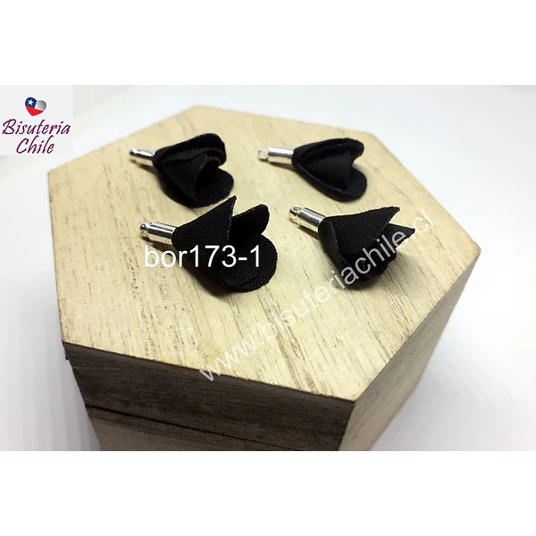 Borla en forma de flor, color negro, en base plateada, 26 mm de largo x 13 mm de ancho, ser de 4 unidades