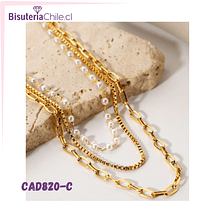 Collar triple  acero con baño de oro e imitación perlas, con 3 medidas, 36, 42 y 47 cm, mas alargue de 5 cm