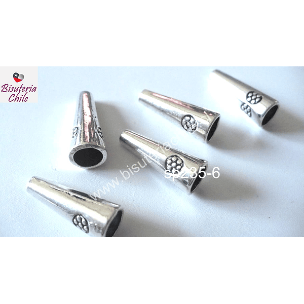 Separador y casquete plateado con diseño, 20 mm de largo, 8 mm de ancho, agujero de 6 mm, set de 5 unidades
