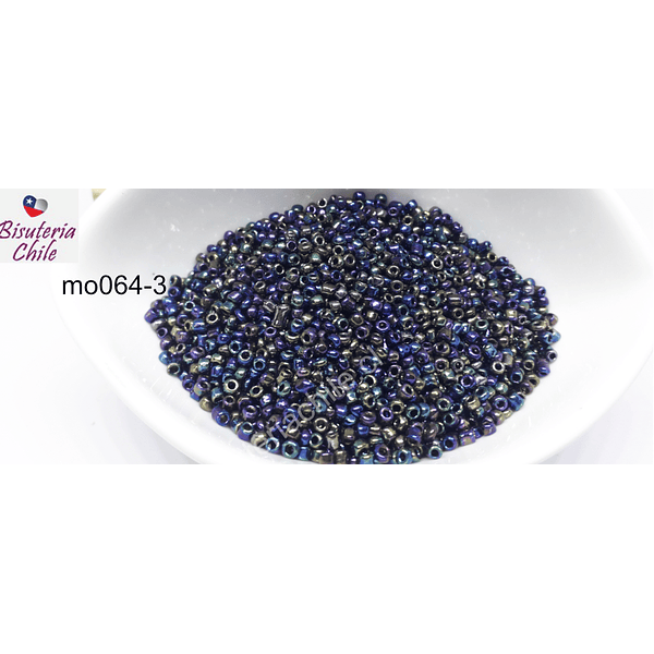 Mostacilla metalizada en tonos azules, fucsias y verde de 2.1 mm (11/0), set de 20grs.