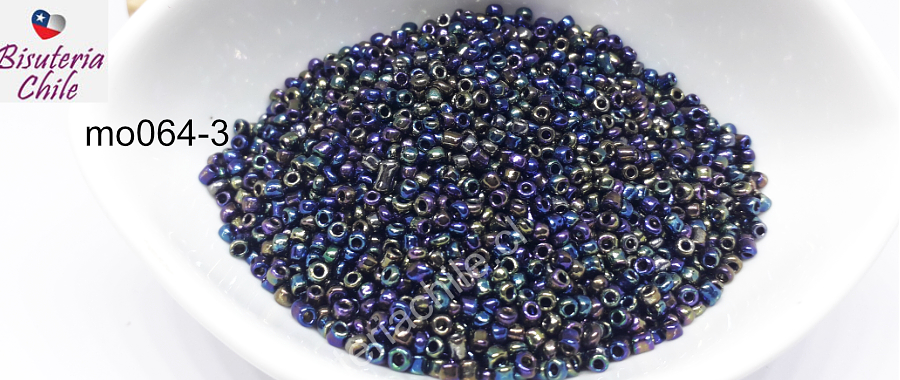 Mostacilla metalizada en tonos azules, fucsias y verde de 2.1 mm (11/0), set de 20grs.