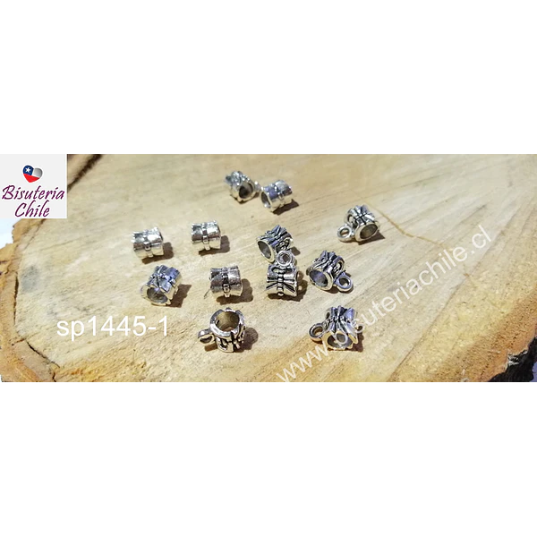 Separador plateado con argolla para dije, 6 x 7mm, agujero de 5 mm, set de 12 unidades