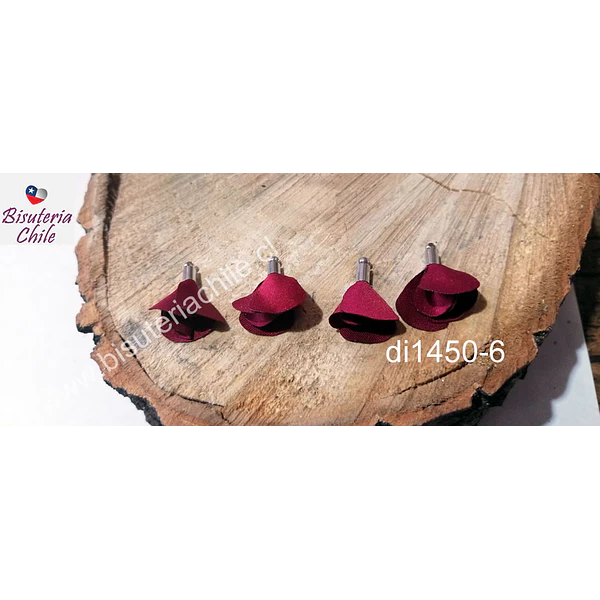 Borla de en forma de flor, color burdeo, en base plateado, 26 mm de largo x 13 mm de ancho, ser de 4 unidades