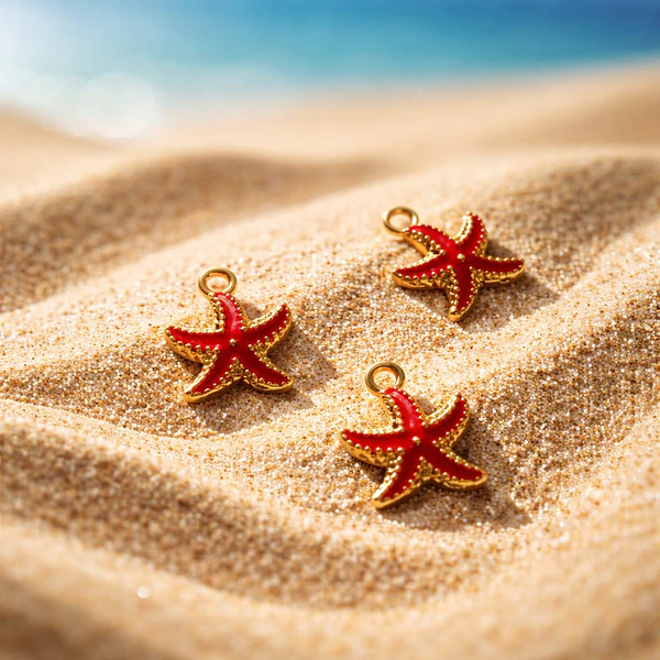 dije esmaltado estrella de mar rojo base dorado, 15 mm, por unidad