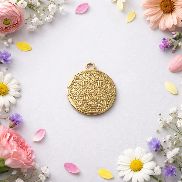 Colgante baño de oro con diseño, con mándala, 20 mm, por unidad