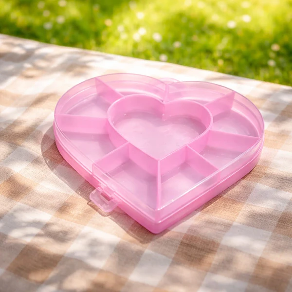 Contenedor rosa en forma de corazón, 15 cm aprox, 9 compartimientos, 1,6 cm de alto