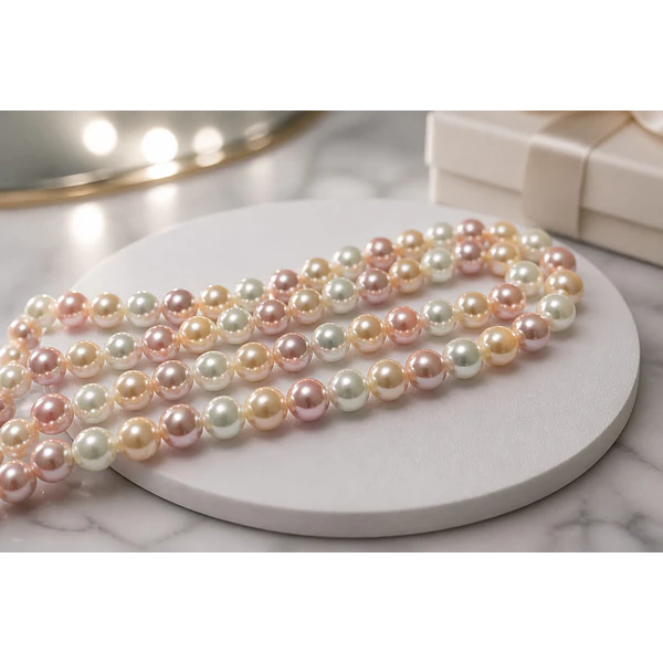 Perla Shell 8 mm, en tonos rosados y crema, tira de 45 perlas aprox