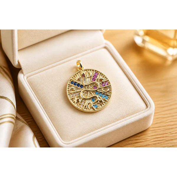 Colgante baño de oro y circonia, 18 k, 18 mm, por unidad