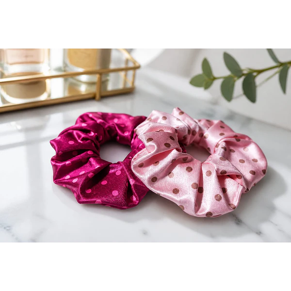 set de Scrunchies modelo lunares, rosa y fucsia, lycra dupont, 14 cm de ancho (mediano) set de 2 unidades