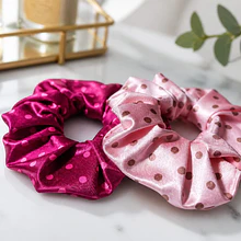 set de Scrunchies modelo lunares, rosa y fucsia, lycra dupont, 14 cm de ancho (mediano) set de 2 unidades