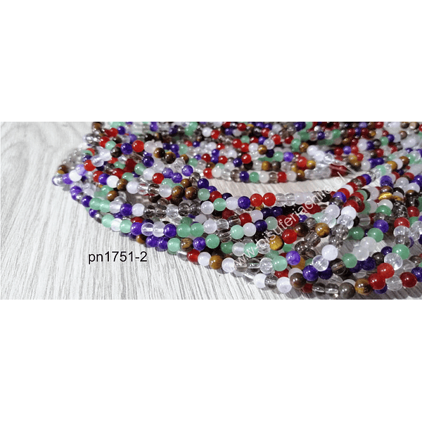 Piedra mix de 4 mm, trae cuarzo cristal, fume, rosado, ojo de tigre, aventurina, amatista, cornalina, tira de 90 piedras aprox.