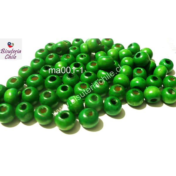 Cuenta de madera color verde 8 mm, bolsa de 25 grs. , 150  cuentas aprox.