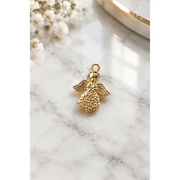 Dije baño de oro, angel, con flores, 20 x 16 mm, por unidad