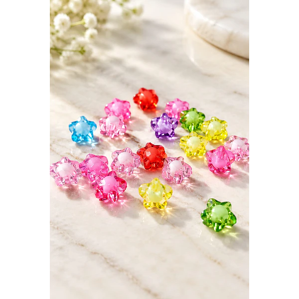 ACRILICOS MULTICOLOR EN ESTRELLA, 12 MM AGUJERO DE 2 MM, SET DE 20 GRS.