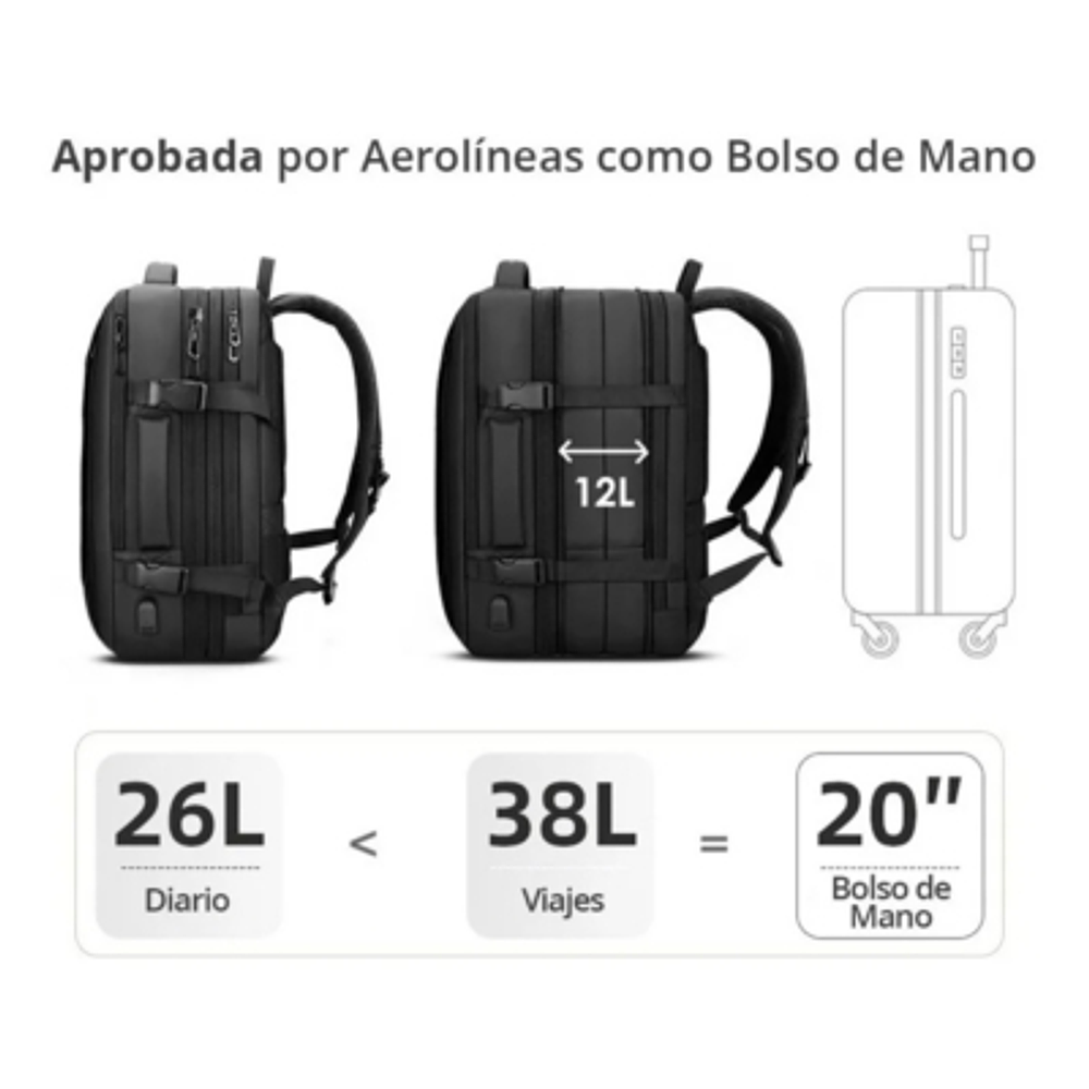 Mochila Maleta Impermeable Antirrobo Expansible 35l Usb