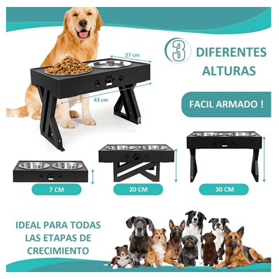 Comedero-bebedero Para Perros Altura Ajustable - Plato Acero