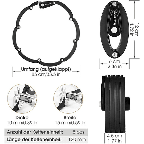 Cadeado de bicicleta dobrável, 85 cm 