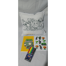 Cojín pintable Plantas vs Zombies + libro para pintar + lápices + stickers