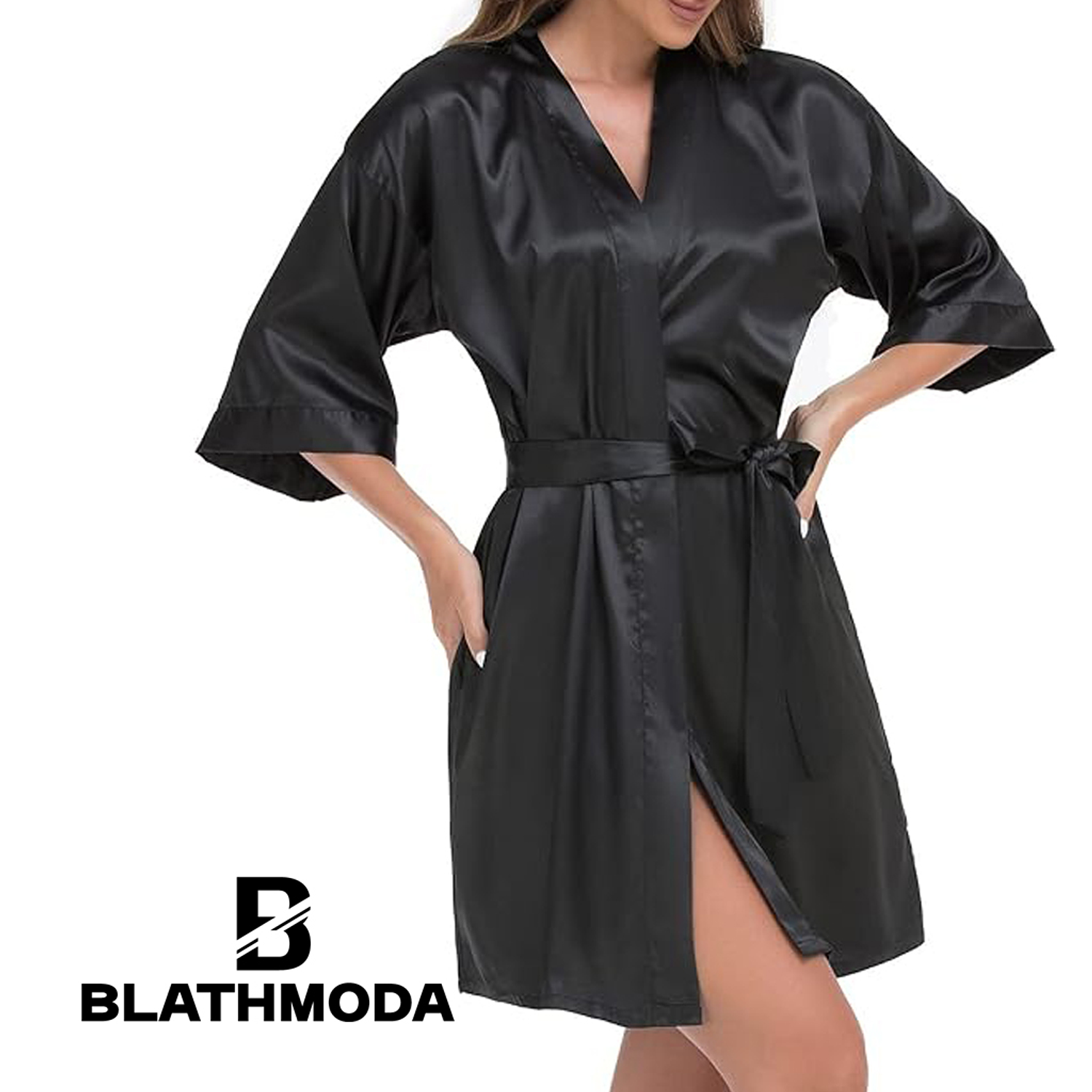 Bata Levantadora En Satin Negro Elegante Blathmoda Pijama 3