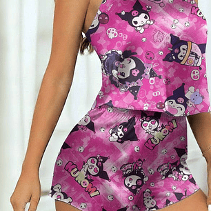 Pijama Kuromi Para Mujer Conjunto Short Y Blusa Estampada Satín