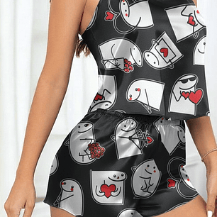 Pijama Fantasma Kawaii Satinada para Dama Short + Blusa