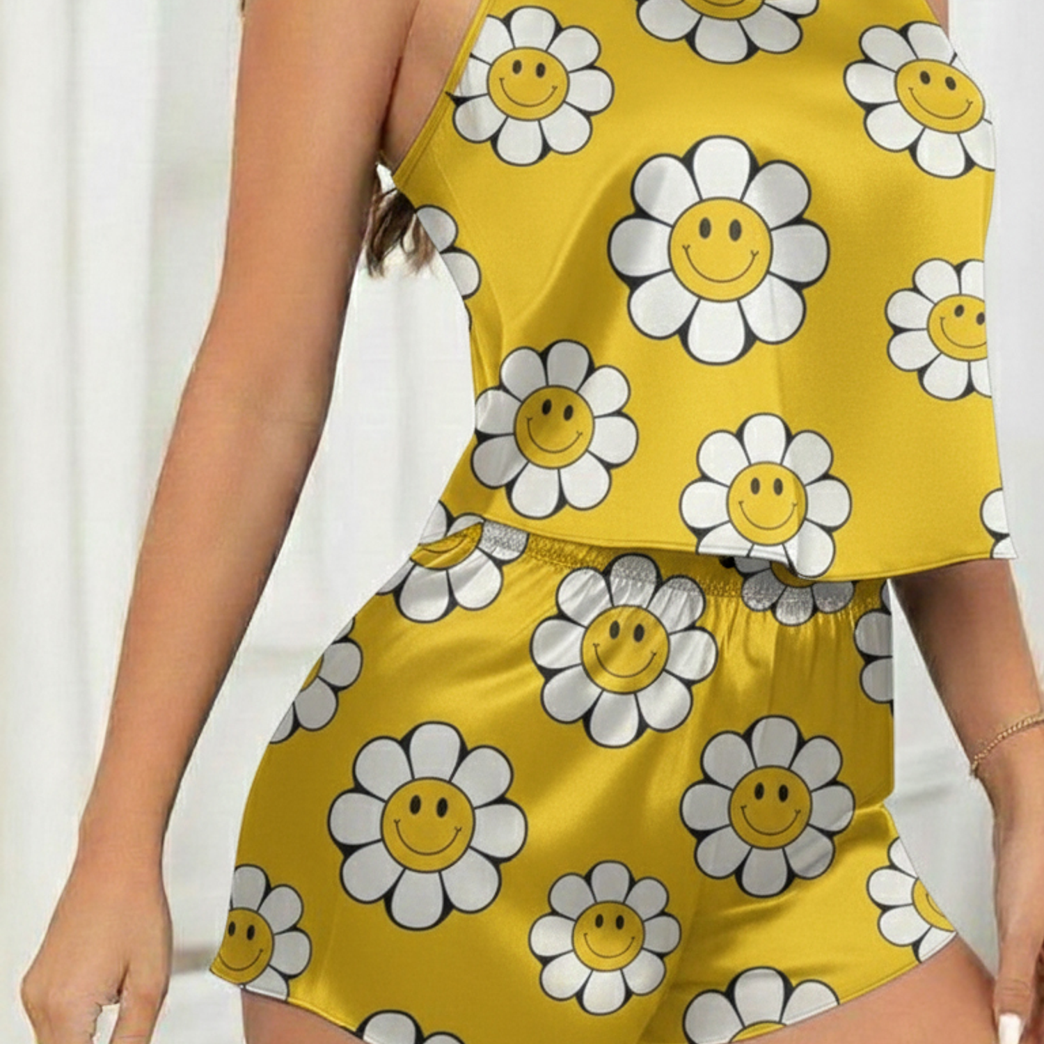 Pijama Para Dama En Satín Estampado Girasol Suave | Blathmoda