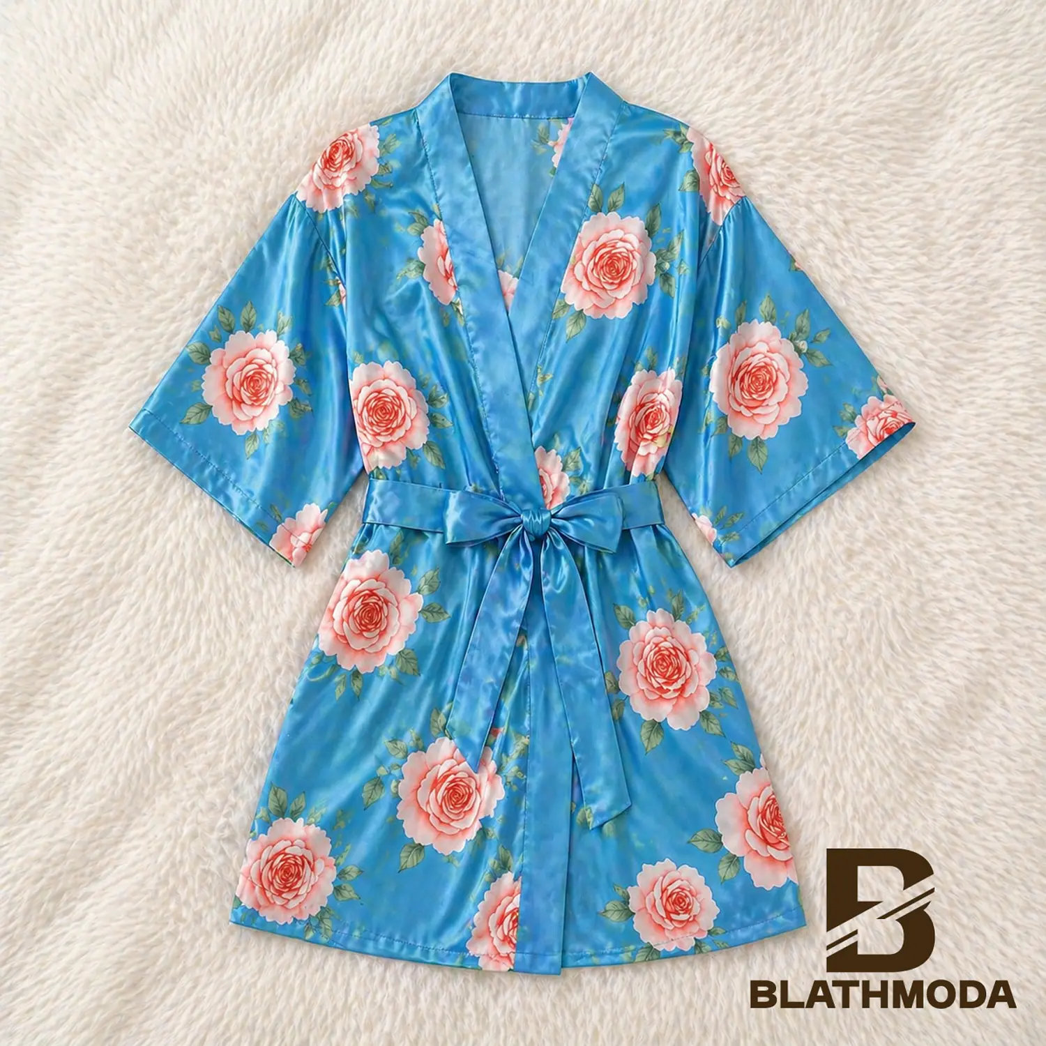 Levantadora Pijama para Dama Satín Estampado Celeste | Premium 3