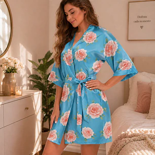 Levantadora Pijama para Dama Satín Estampado Celeste | Premium