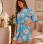 Levantadora Pijama para Dama Satín Estampado Celeste | Premium - Miniatura 1