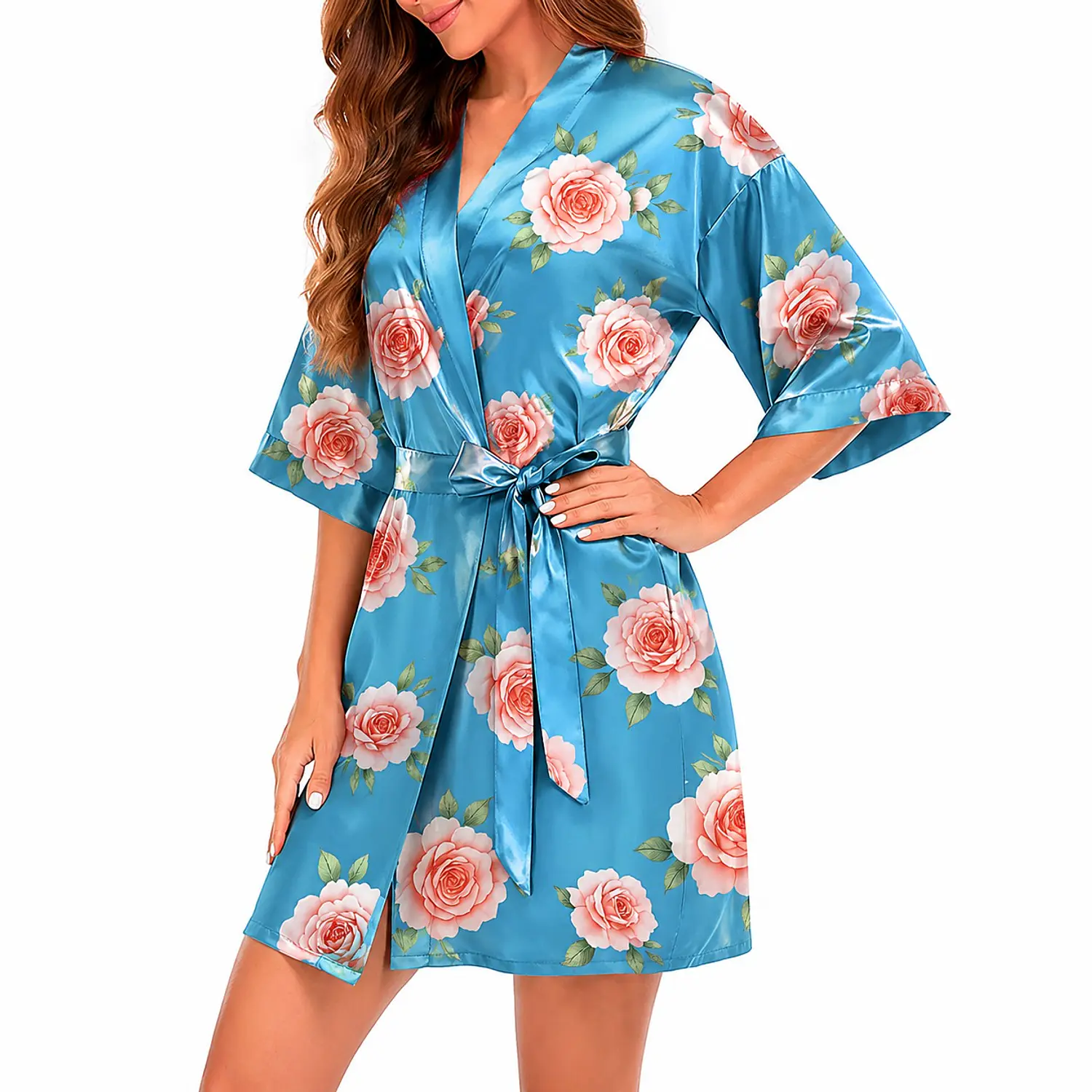 Levantadora Pijama para Dama Satín Estampado Celeste | Premium 5