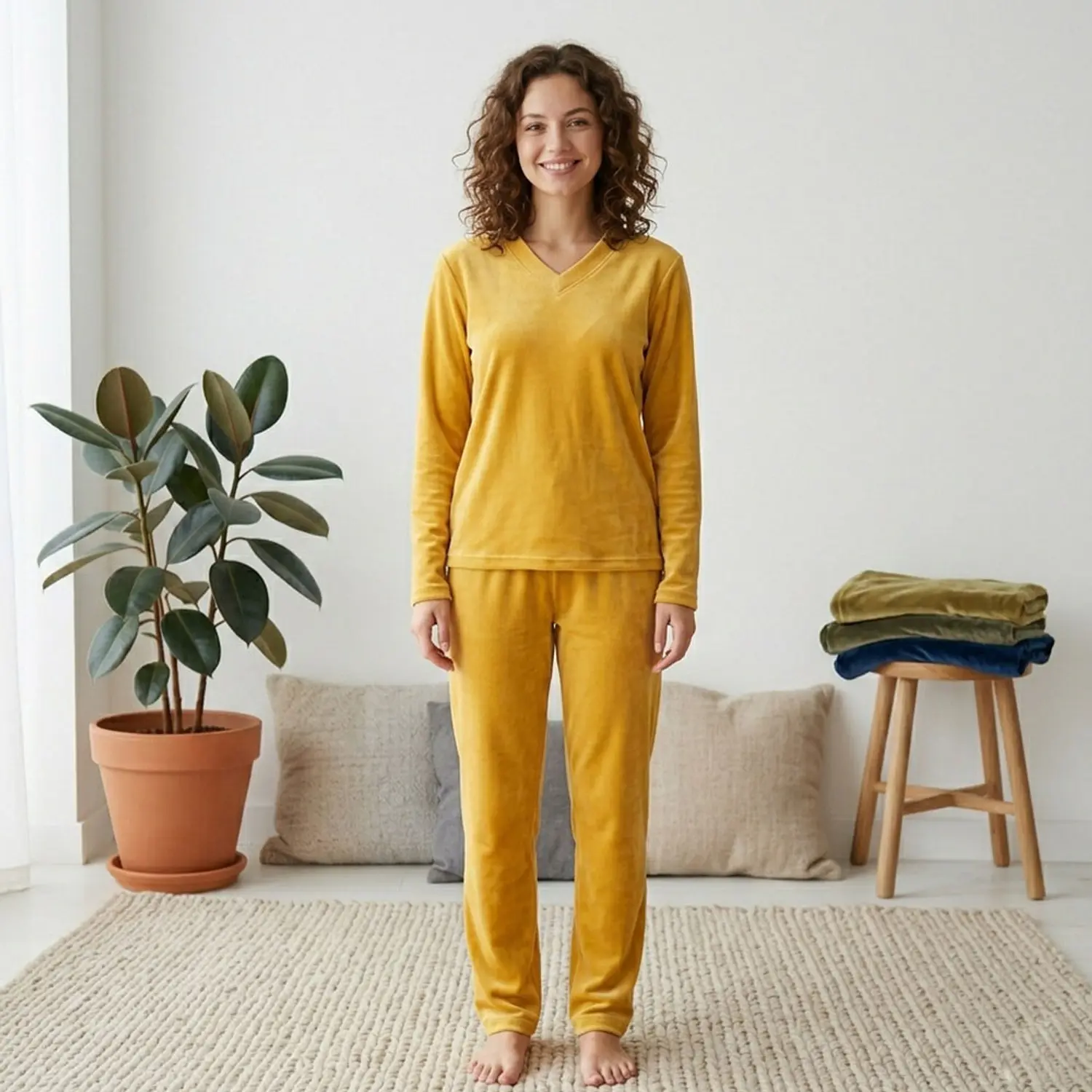 Pijama Térmica Mujer Unicolor Amarillo Blathmoda Suave y Cálida 4