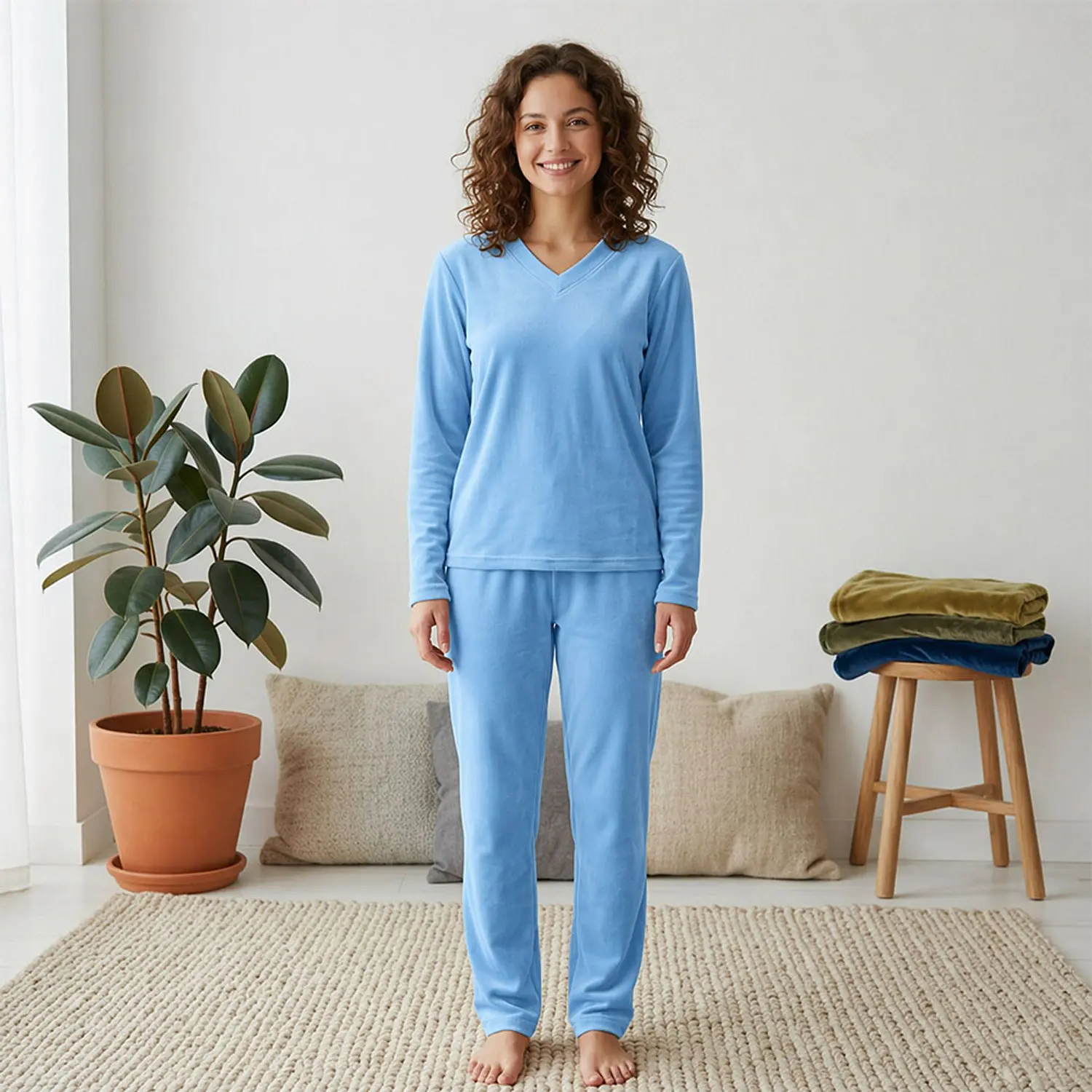 Pijama Térmica Mujer Celeste Blathmoda Conjunto Unicolor Pantalón y Saco 4