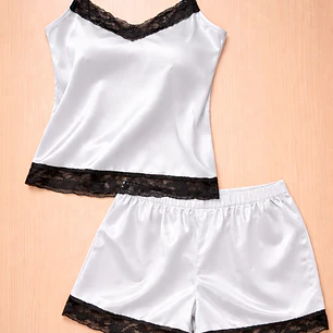 Conjunto Mujer Pijama Satín Short y Blusa con Encaje Elegante