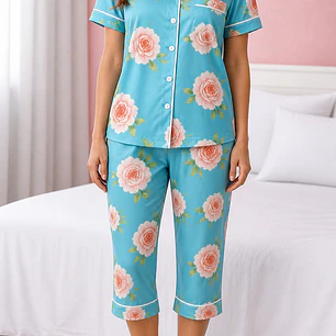 Pijama Mujer en Satín Camisa y Capri Estampado | Ropa de Dormir Elegante | Blathmoda