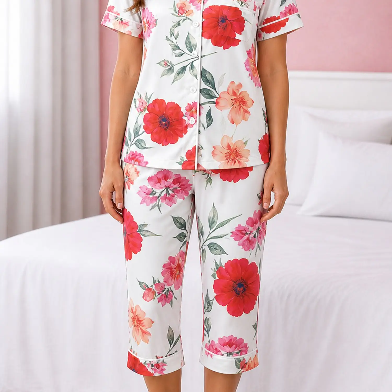 Pijama de Satín para Mujer con Camisa y Capri Estampado | Blathmoda