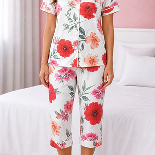 Pijama de Satín para Mujer con Camisa y Capri Estampado | Blathmoda