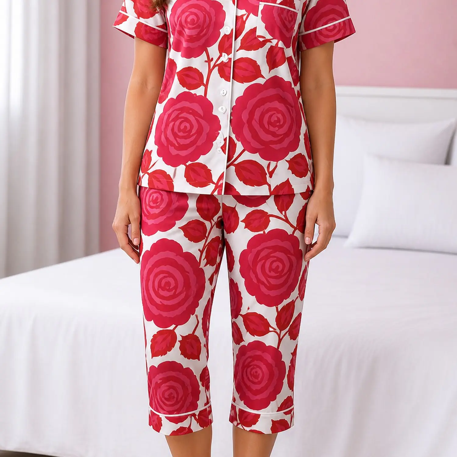 Pijama Mujer Satín Estampada con Camisa y Capri | Cómoda y Elegante | Blathmoda