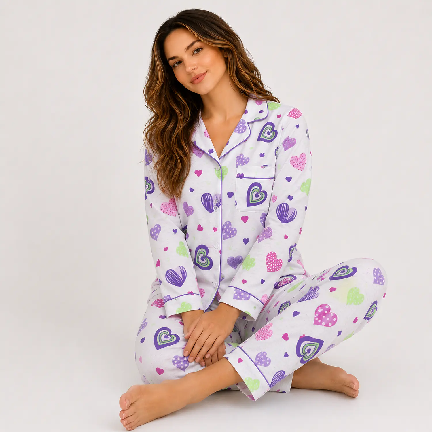 Pijama Mujer Lila Corazón | Camisa y Pantalón en Algodón | Blathmoda
