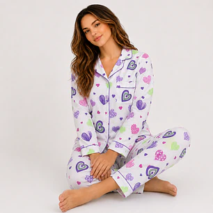 Pijama Mujer Lila Corazón | Camisa y Pantalón en Algodón | Blathmoda