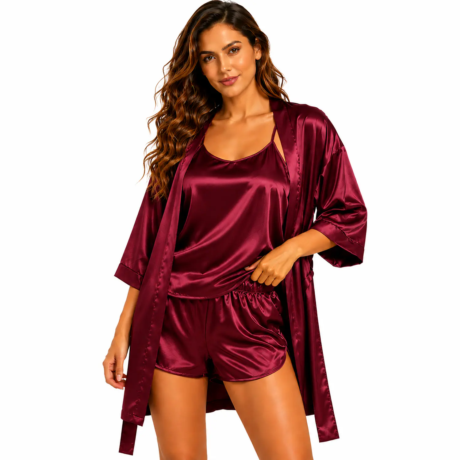 Pijama para Mujer en Satín al Por Mayor | Kimono, Short y Blusa de Tirantas 14