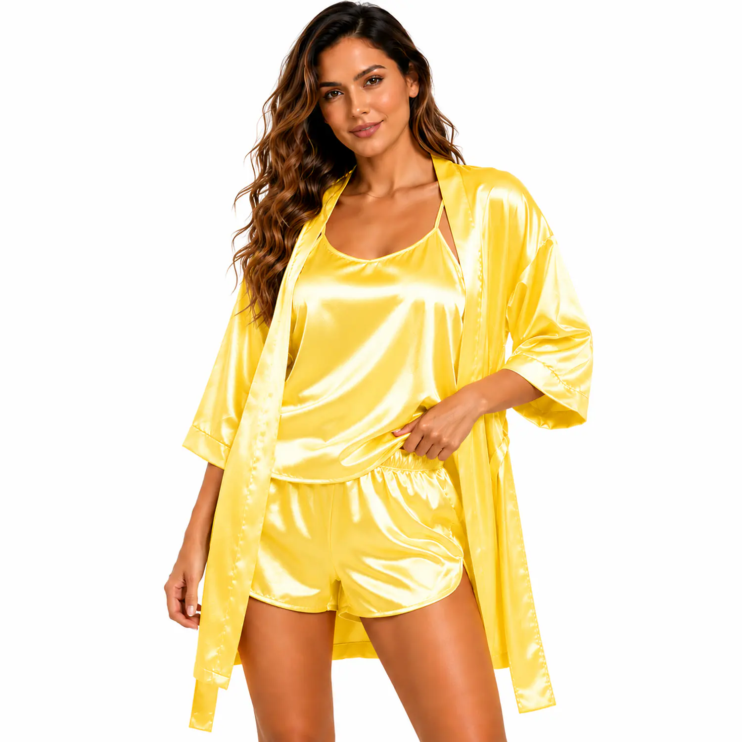 Pijama para Mujer en Satín al Por Mayor | Kimono, Short y Blusa de Tirantas 16