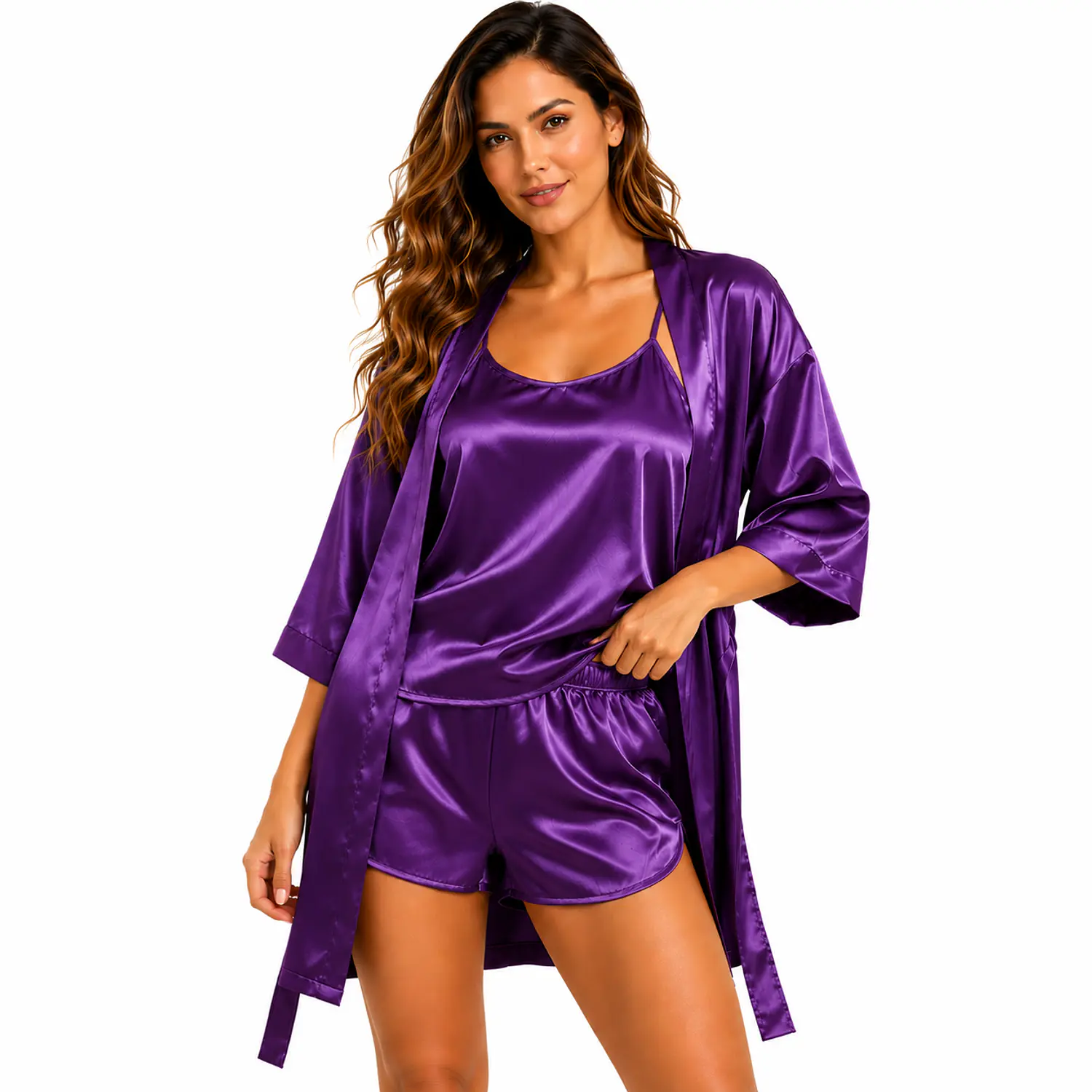 Pijama para Mujer en Satín al Por Mayor | Kimono, Short y Blusa de Tirantas 20